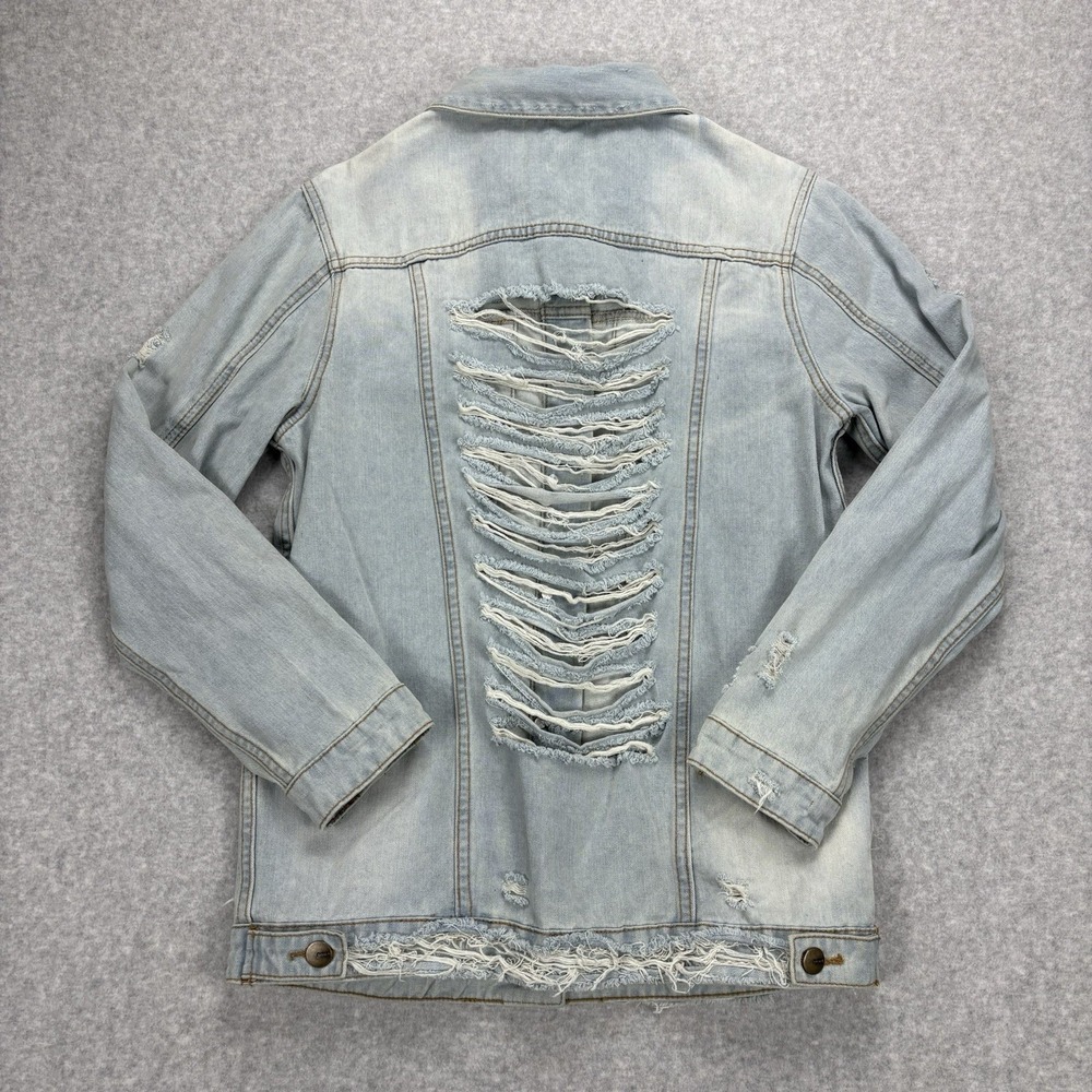 Mono B Denim Jean Jacket Womens M Light Wash Distressed Shredded Ripped Grunge - Picture 2 of 8